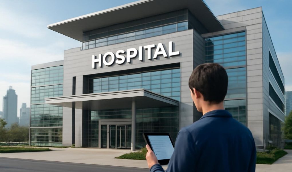 hopital-moderne-facade-personne-tablette