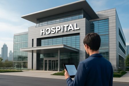 hopital-moderne-facade-personne-tablette