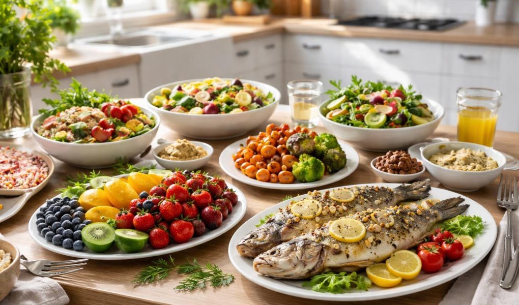 table-plats-colores-fruits-legumes